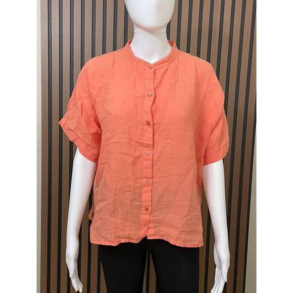 Eileen Fisher Women's M Orange Button-Up 100% Linen Tunic Shirt Mandarin Collar - Picture 1 of 7